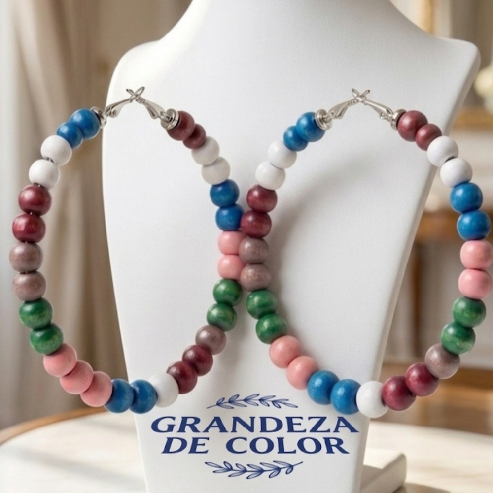 Extra-large earrings with wooden beads, super lightweight and easy to wear. 8 cm - Picture 9 of 12
